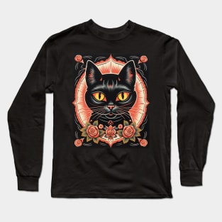 Vintage Retro Black Cat Roses Long Sleeve T-Shirt